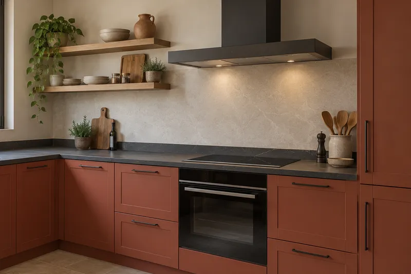 Visualización conceptual IA de cocina: Reformas de Alberto Prieto. Detalle de materiales y distribución.