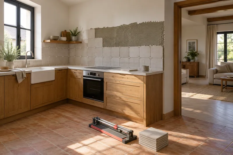 Visualización conceptual IA: Colocación de azulejos con separadores y adhesivo sobre una pared de cocina.