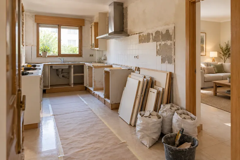 Visualización conceptual IA: Retirada de muebles y revestimientos al comienzo de una reforma de cocina.