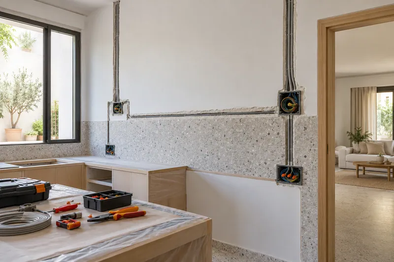 Visualización conceptual IA: Canalizaciones y cajas eléctricas durante la preparación de una cocina.