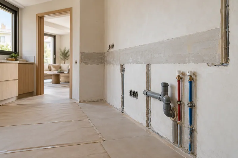 Visualización conceptual IA: Tuberías de suministro y desagüe durante la renovación de una cocina.