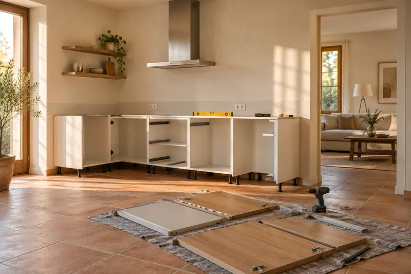 Visualización conceptual IA: Módulos de cocina en montaje con puertas pendientes de colocar.