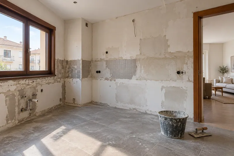 Visualización conceptual IA: Cocina sin muebles con paredes en preparación y zonas de enlucido.